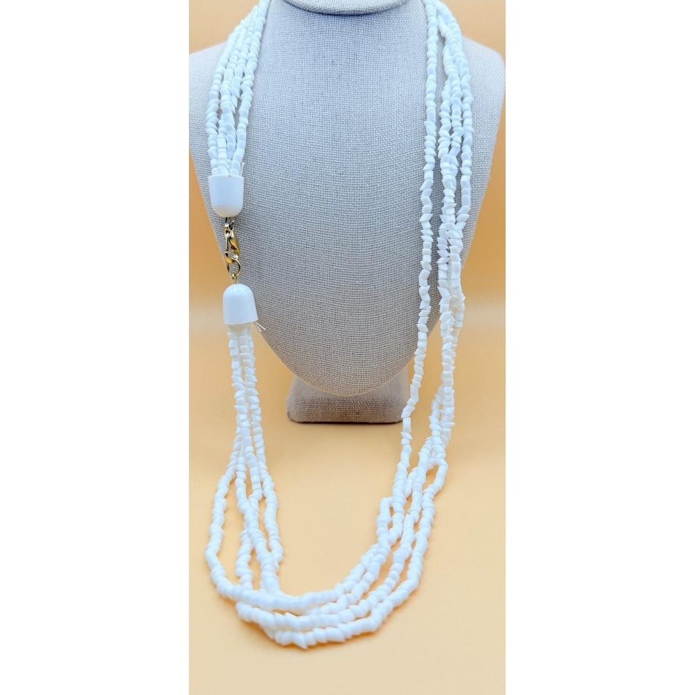 White Glass Bead Necklace Four Strands Gold Tone Lobster Clasp 24 Inch